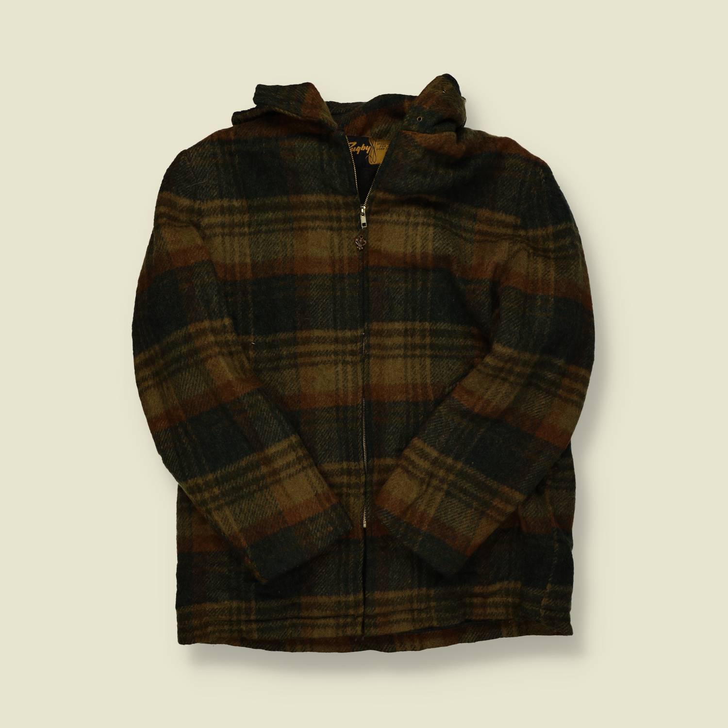 1970s | Rugby | Wool Plaid Hooded Jacket – Brown/Olive Check, Zip-Front - M/L