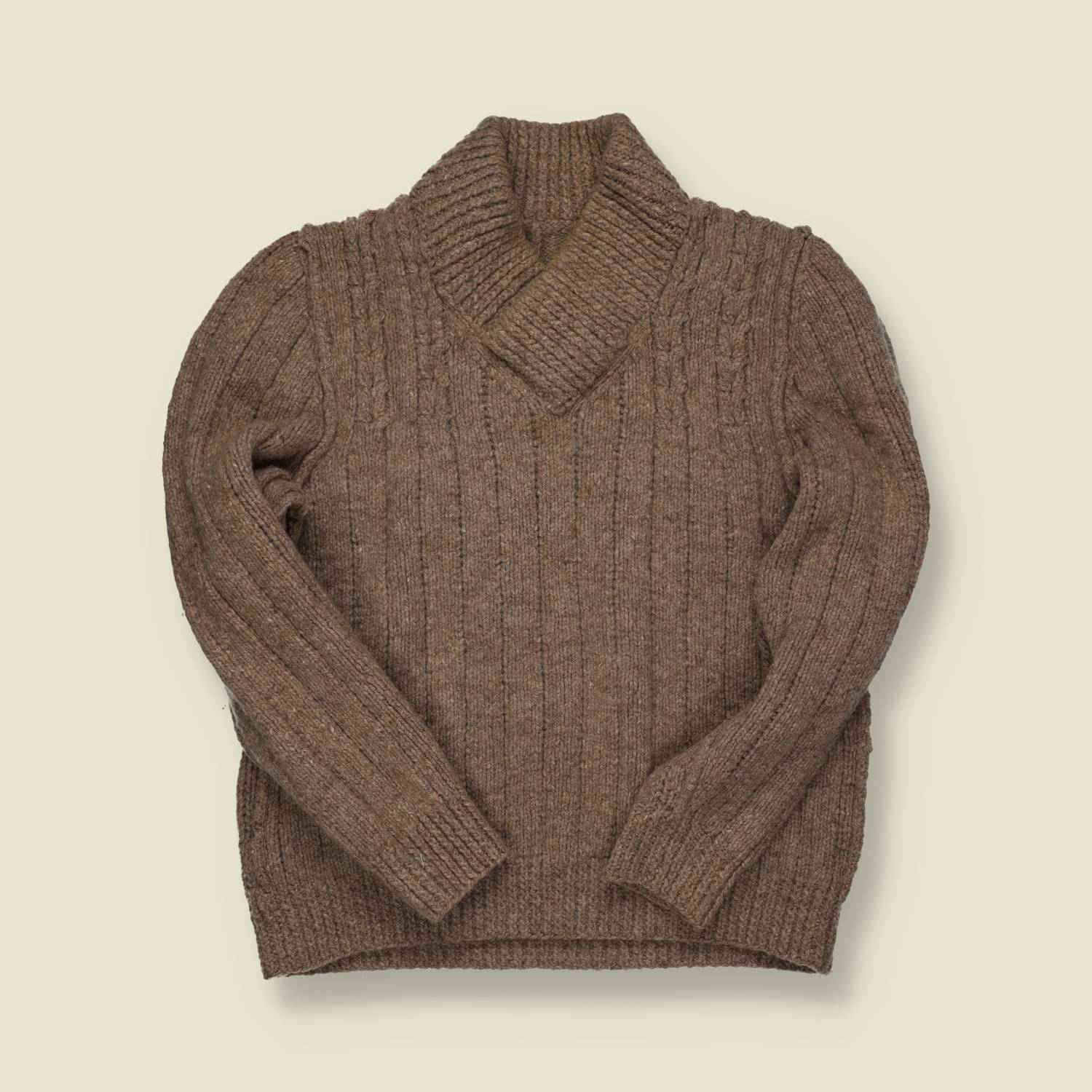 1970s | Hand-Knit Shawl-Collar Fisherman Jumper – Heathered Brown Wool - S