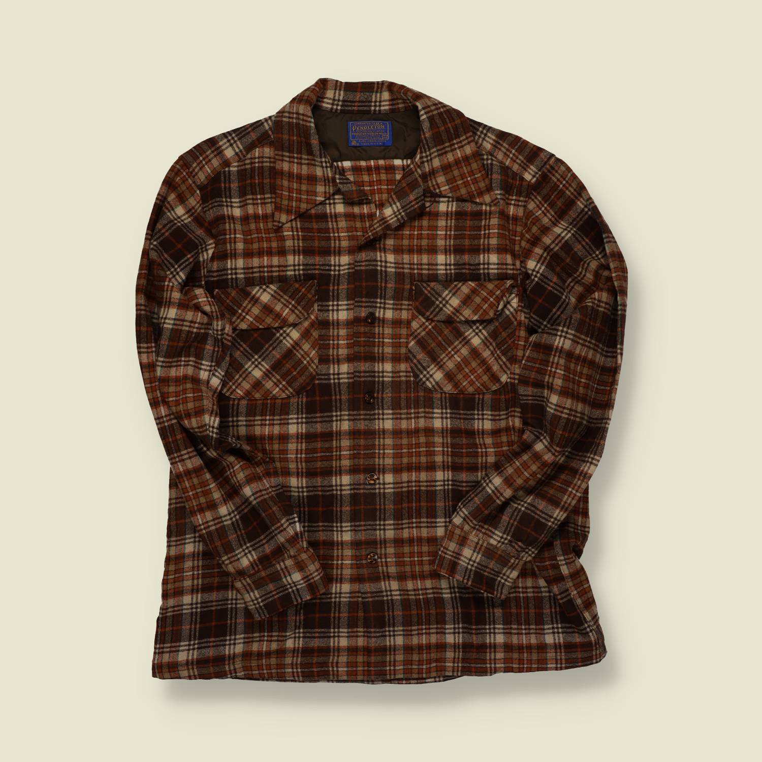1970s | Pendleton | Made in USA | Wool Board Shirt – Brown/Cream Plaid