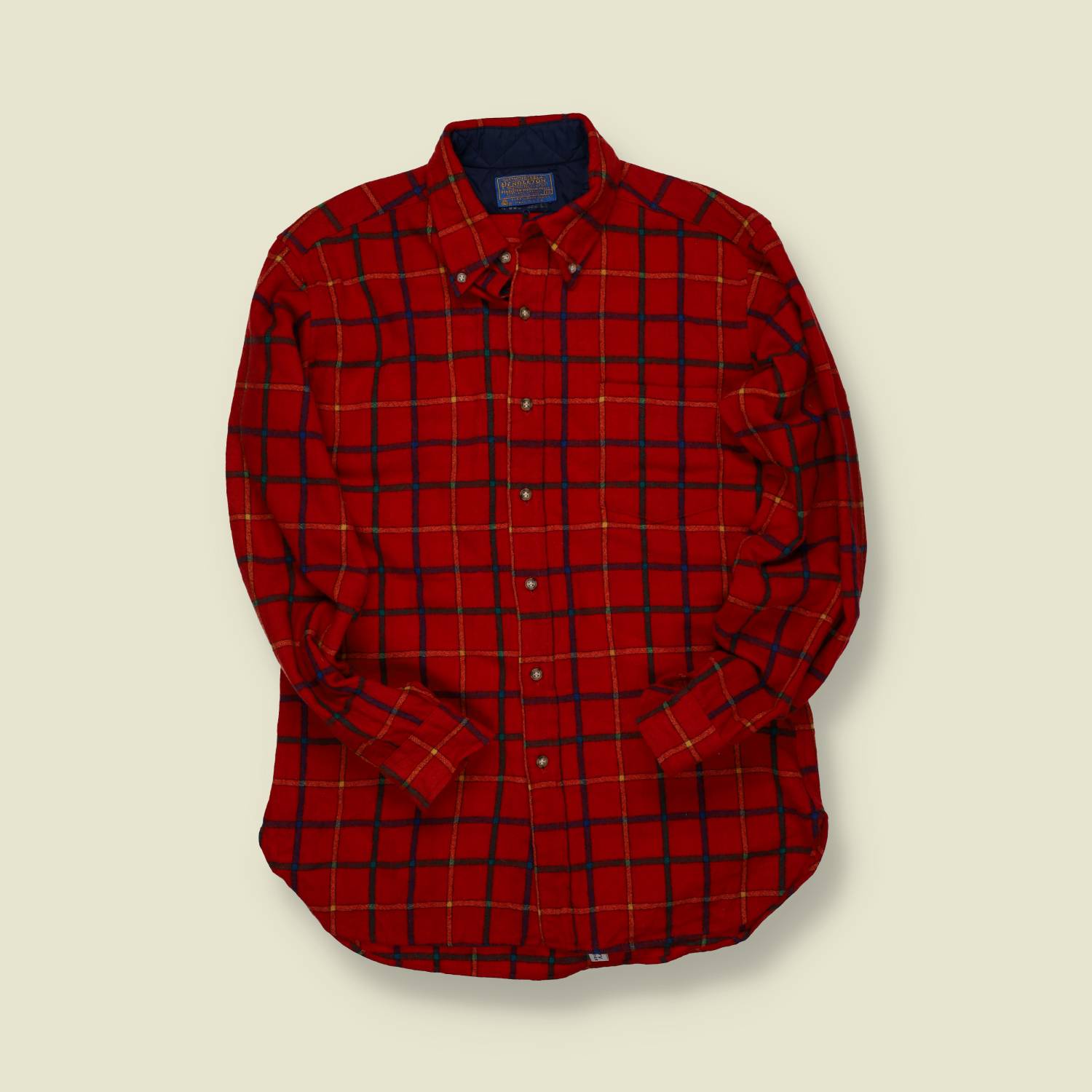 1970s | Pendleton | Made in USA | Wool Grid-Check Shirt – Red/Blue/Gold - S