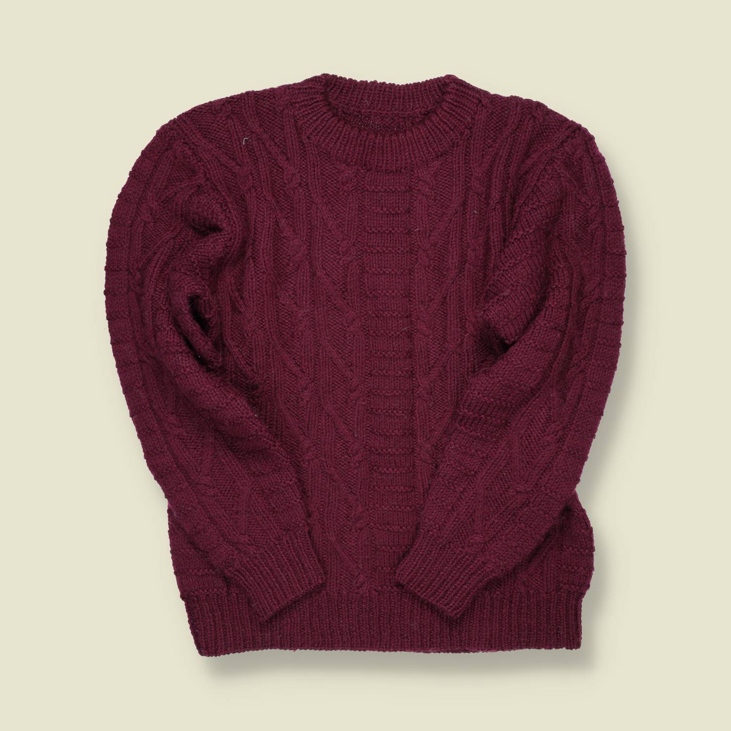 1970s–80s | Hand-Knit Aran Jumper – Deep Wine Wool - S