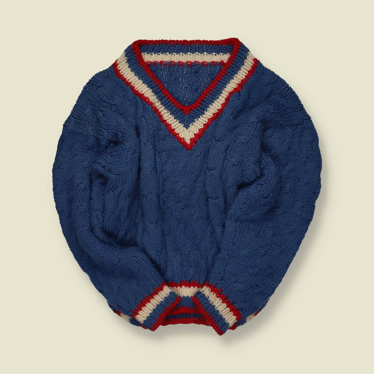 1970s | Hand-Knit Cricket-Style Cable Jumper – Blue with Red/Cream Trim - L