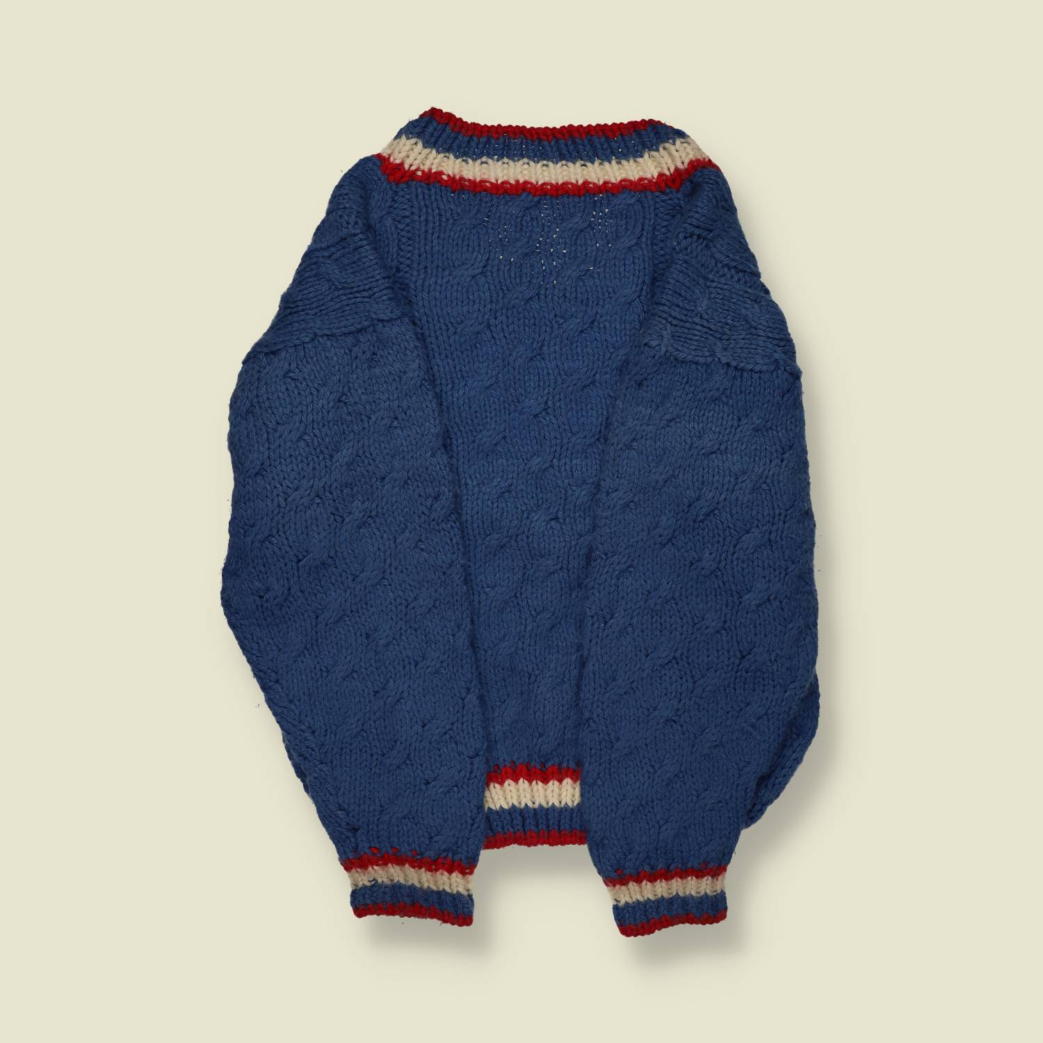 1970s | Hand-Knit Cricket-Style Cable Jumper – Blue with Red/Cream Trim - L