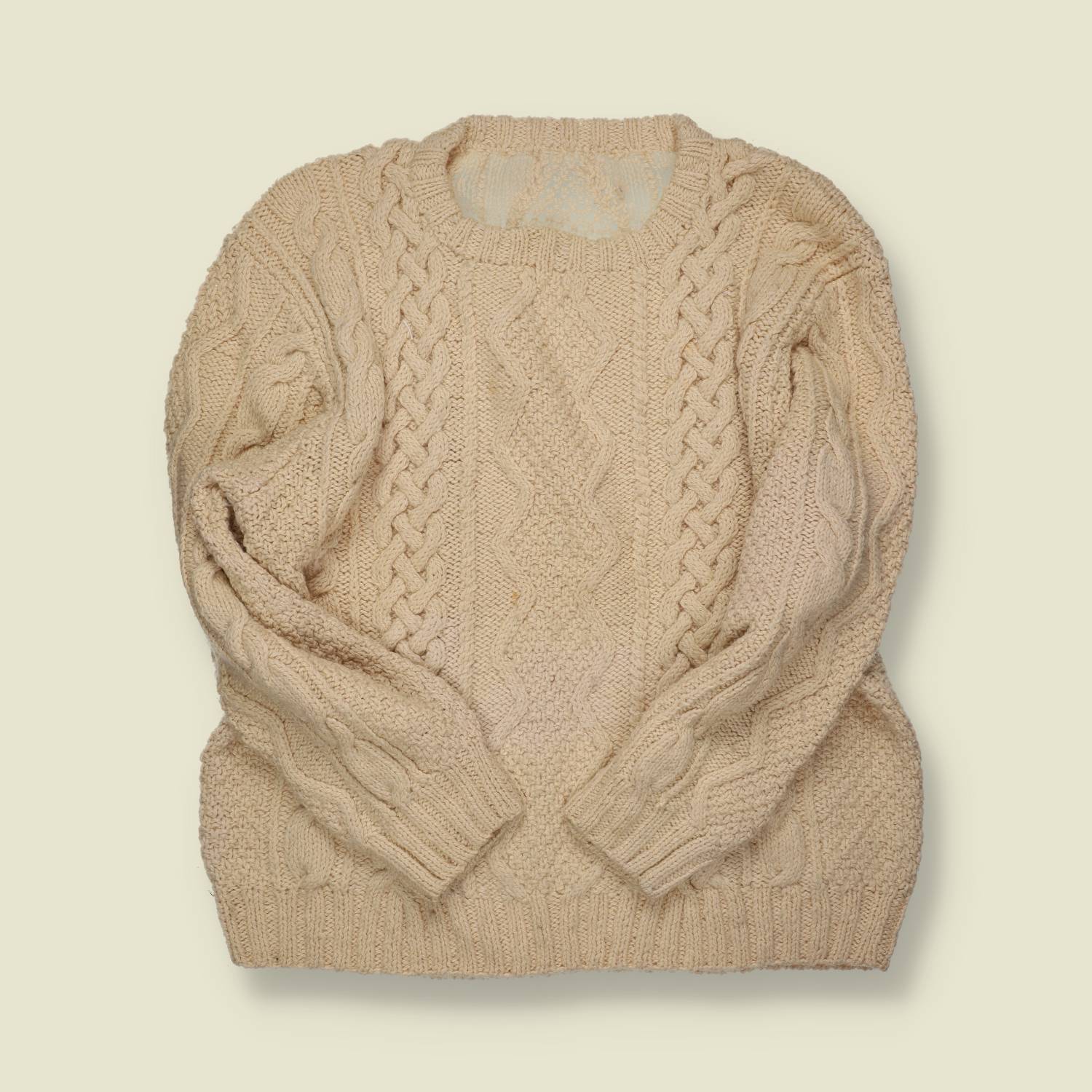 1970s–80s | Hand-Knit Aran Jumper – Natural Cream Wool - L/XL