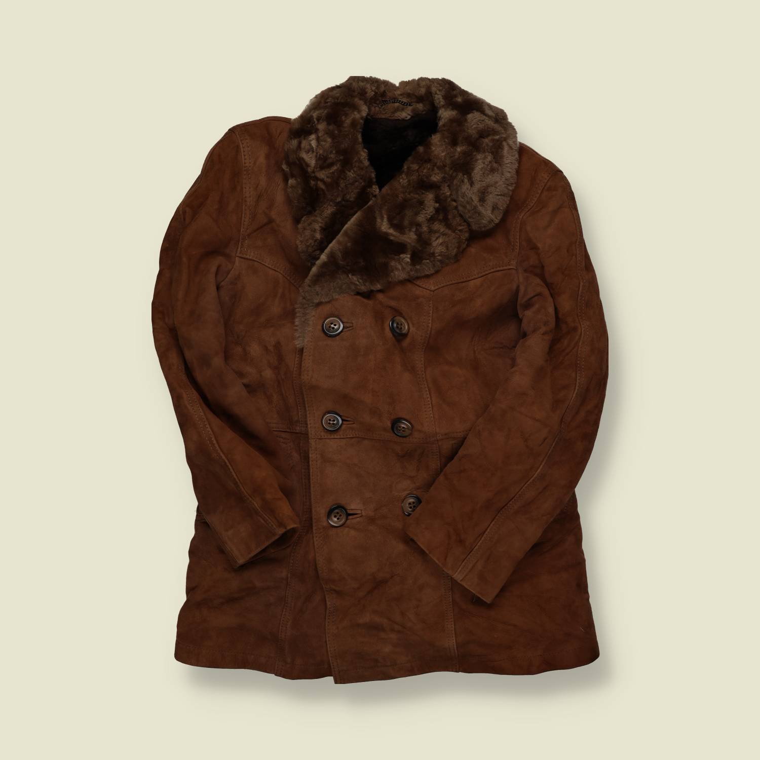 1970s | Sheepskin (Shearling) Double-Breasted Coat – Chocolate Suede & Mouton Collar - XS