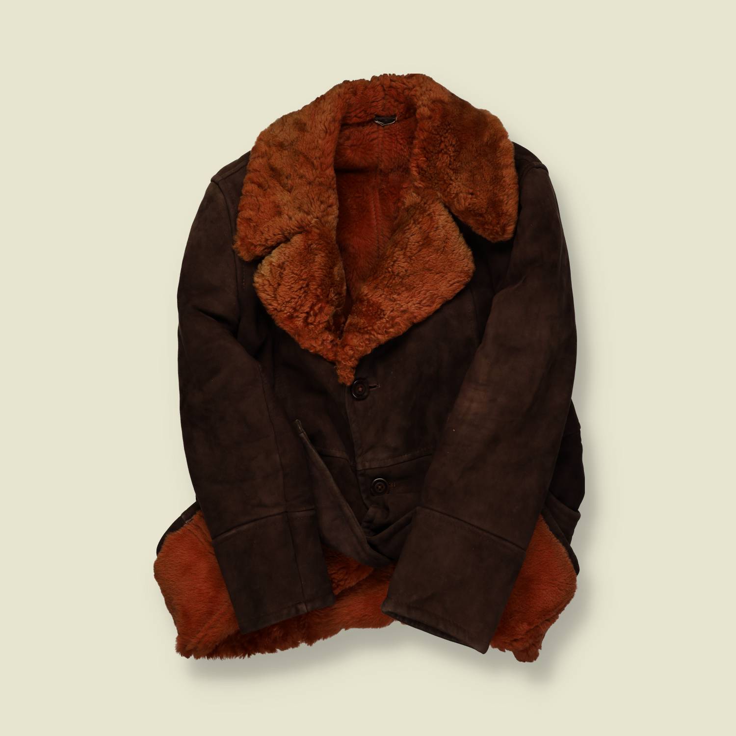 1970s | Sheepskin (Shearling) Shawl-Collar Coat – Chocolate Suede & Rust Fleece - S/M
