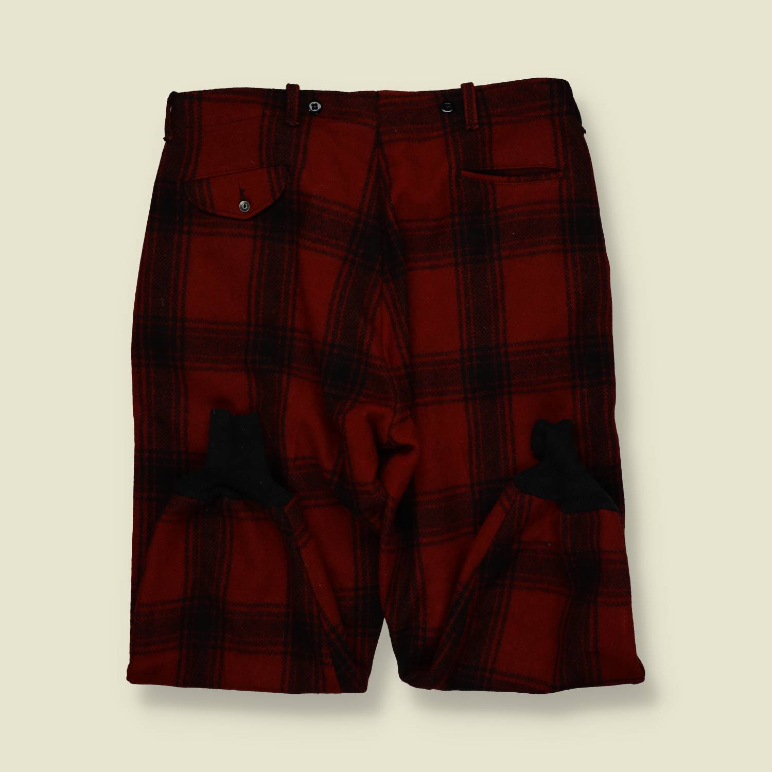 1950s | Wool Plaid Hunting Trousers – Deep Red & Black Check - w34-36