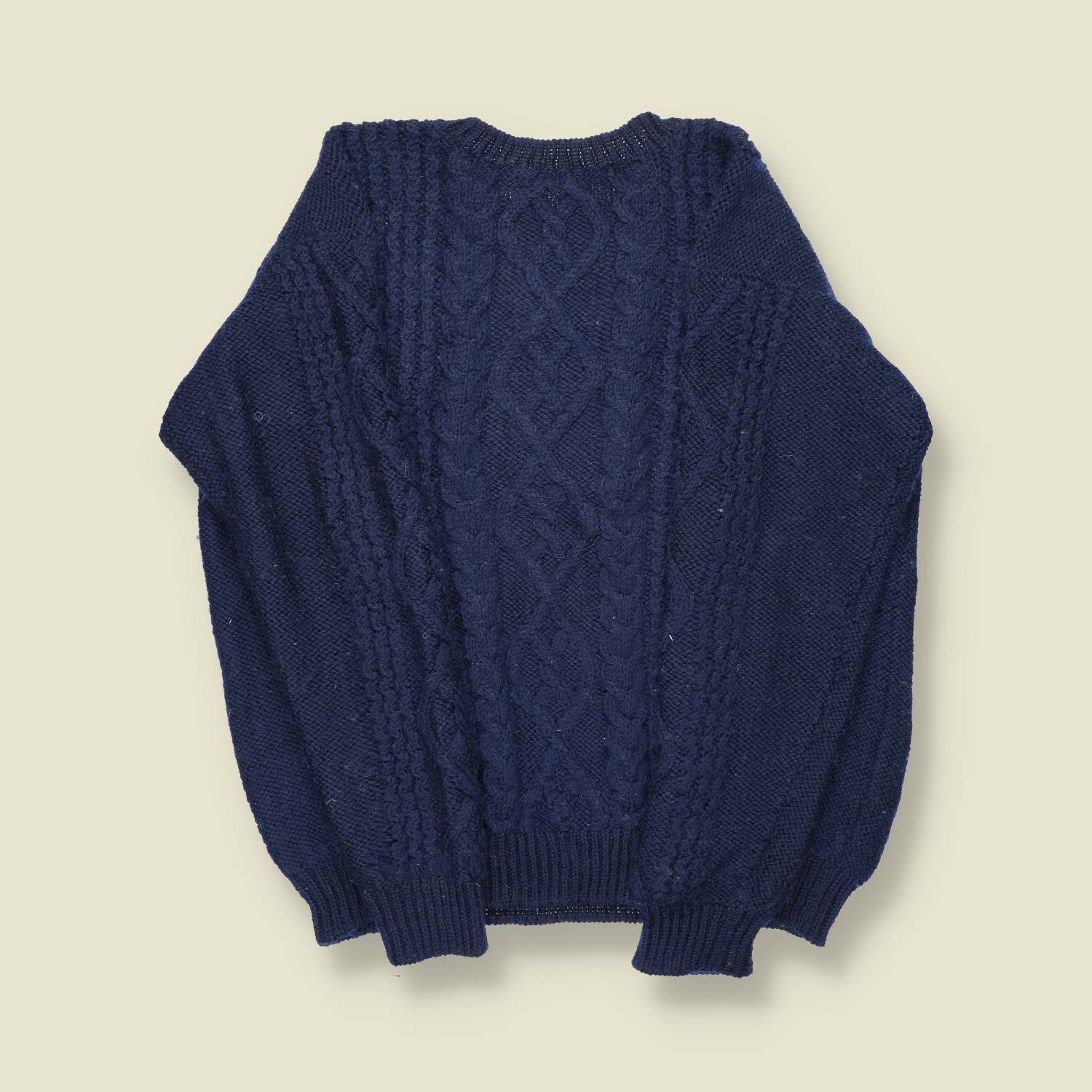 1980s | Hand-Knit Aran Jumper – Navy Wool - L/XL
