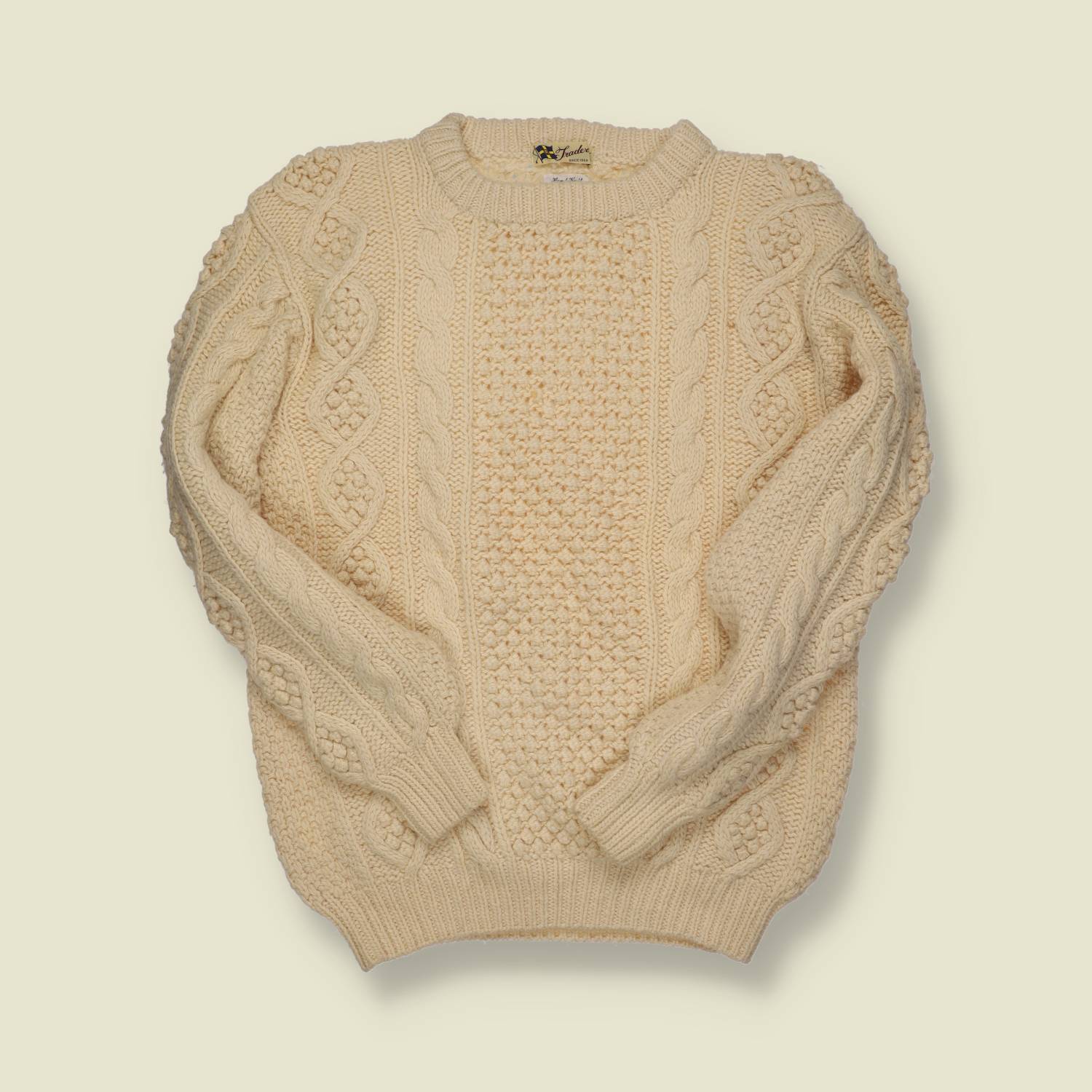 1990s | Trader Hand-Knit Aran Jumper – Natural Cream - L/XL