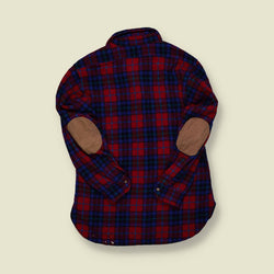 1980s | Lobo by Pendleton | Wool Plaid Shirt with Elbow Patches – Red / Blue Tartan - M