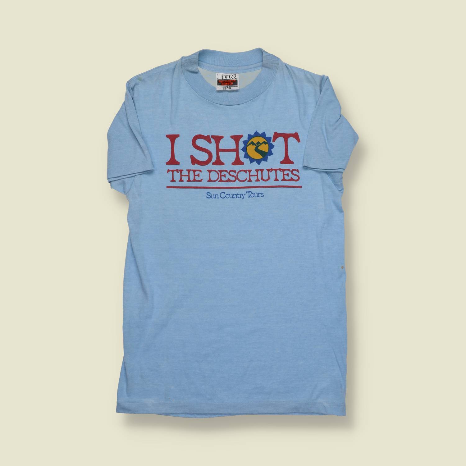 1970s | Hanes | “I Shot the Deschutes” Sun Country Tours T-Shirt – Sky Blue - XXXS