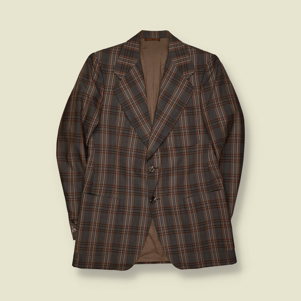 1970s | Checked Tailored Blazer | Grey Brown - XXS