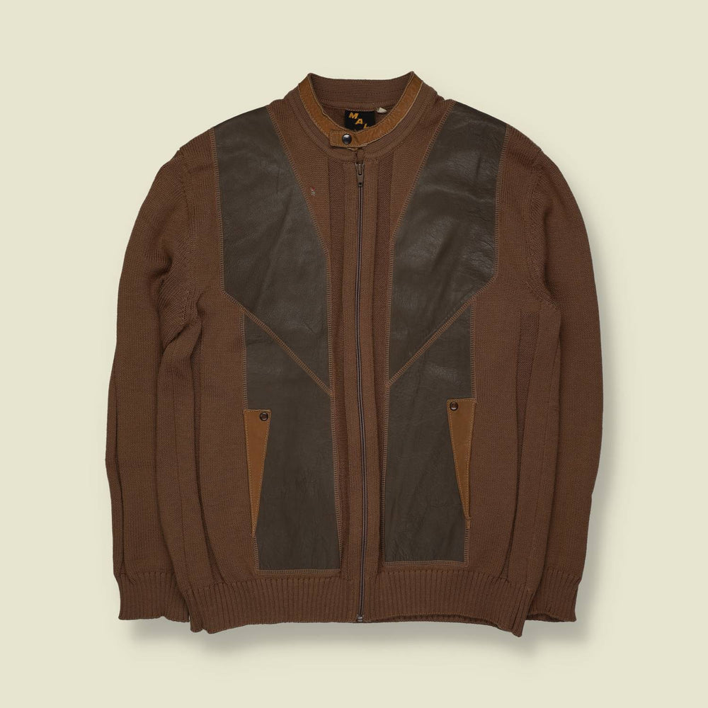 1970s | Made In Italy Leather And Knit Zip Jacket | Brown - M