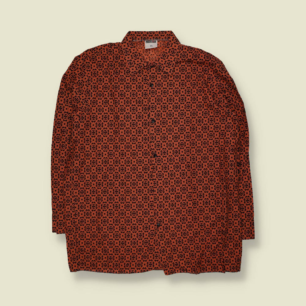 1970s | Permaloft | Shirt | Orange And Black Geometric Print - XL
