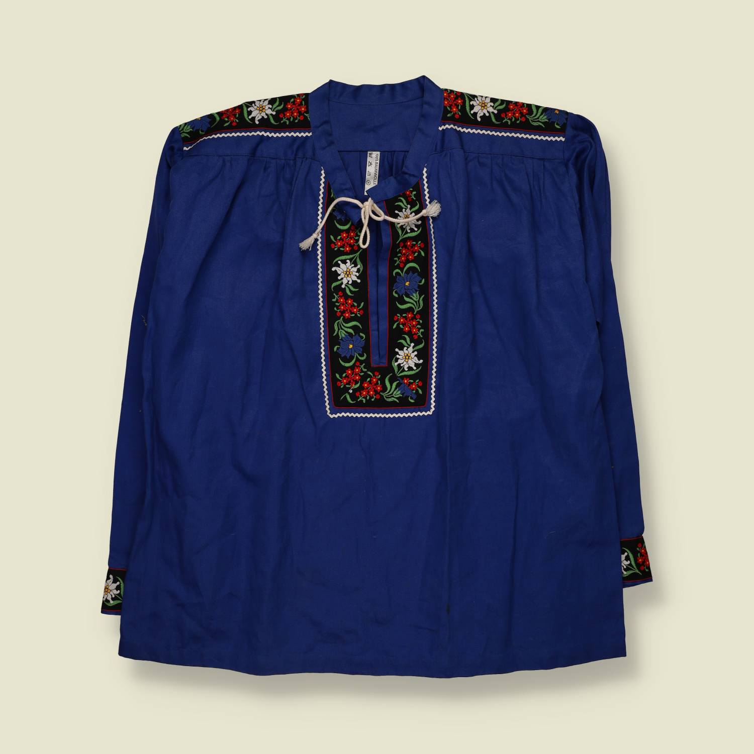 1970s | Folk Pullover Shirt | Embroidered Detail | Blue - XXXL