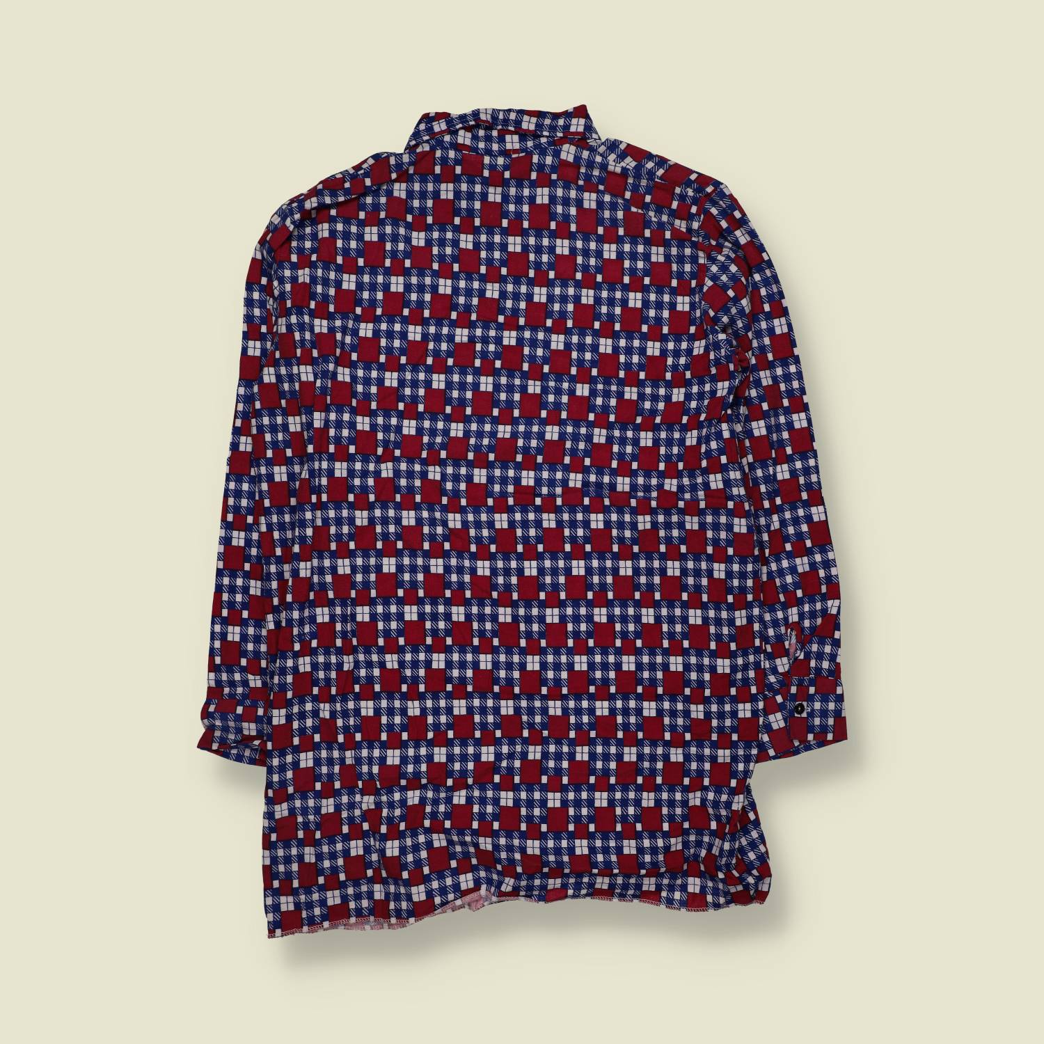1970s | Long Sleeve Shirt | Red Blue Geometric Print - M