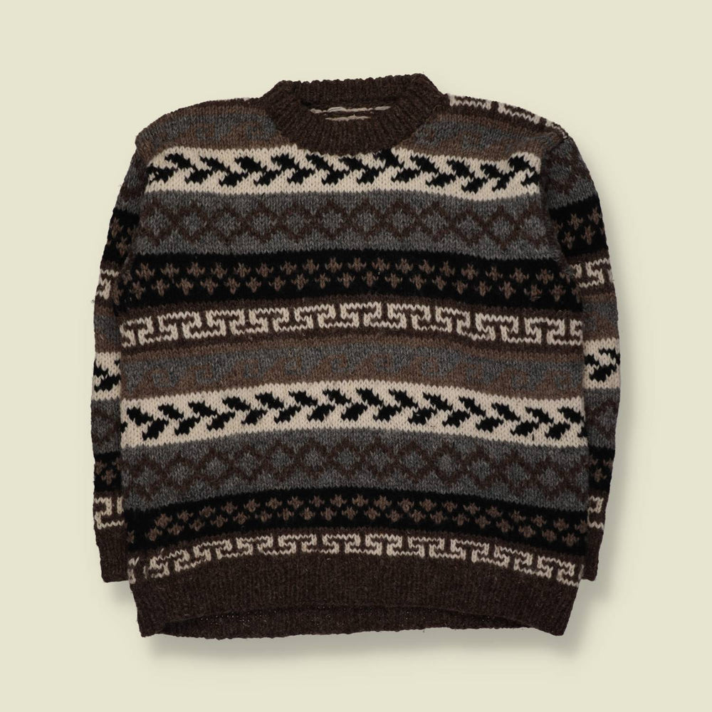 1970s | Hand Knitted | Brown Wool Geometric Pattern Crew Neck Jumper - XL
