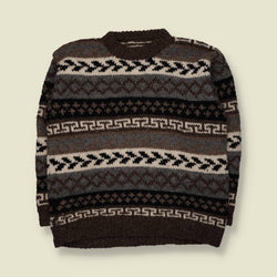 1970s | Hand Knitted | Brown Wool Geometric Pattern Crew Neck Jumper - XL