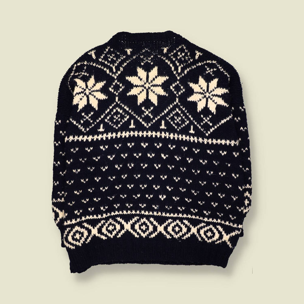 1970s | Hand Knitted | Navy & Cream Wool Snowflake Pattern Crew Neck Jumper - 5XL