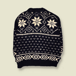1970s | Hand Knitted | Navy & Cream Wool Snowflake Pattern Crew Neck Jumper - 5XL