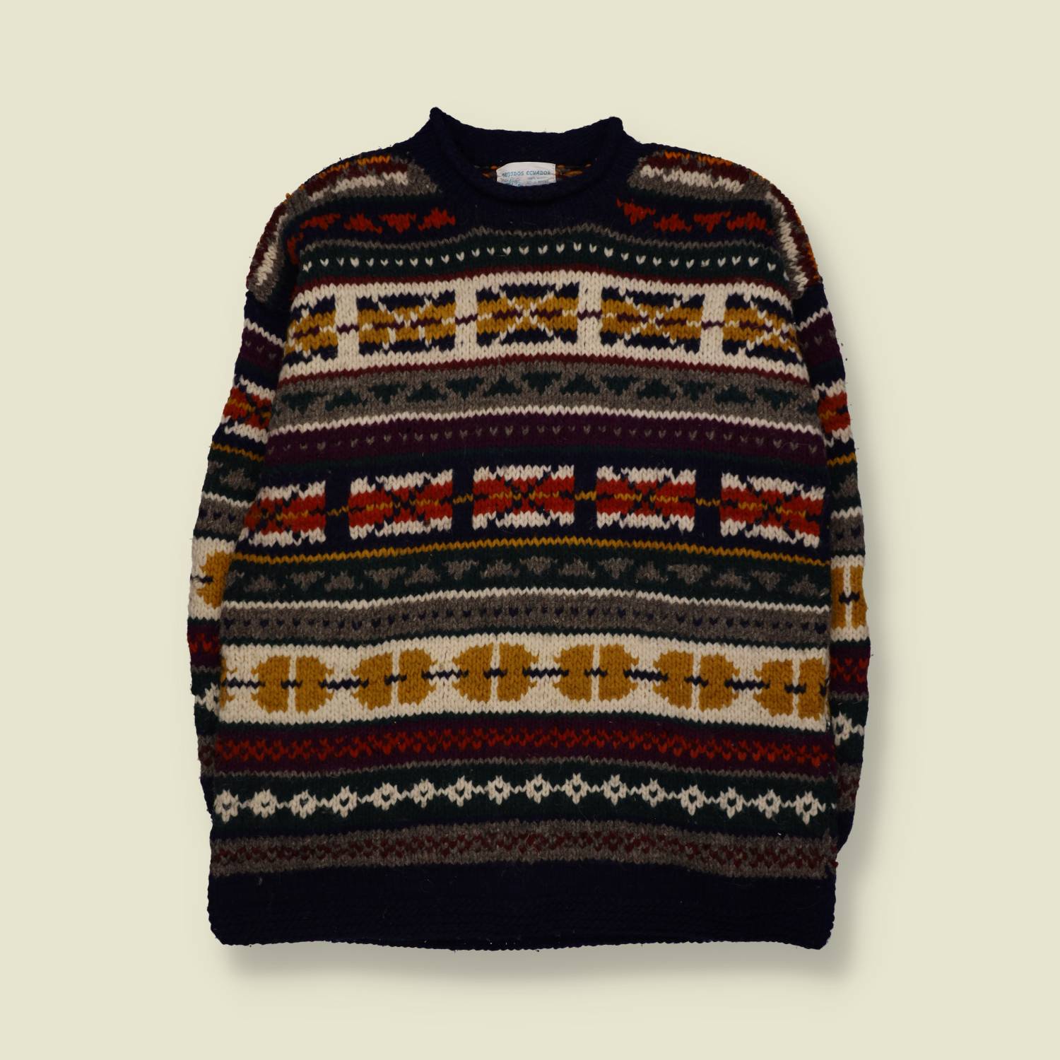 1970s | Made in Ecuador | Multicolour Wool Geometric Pattern Crew Neck Jumper - XL