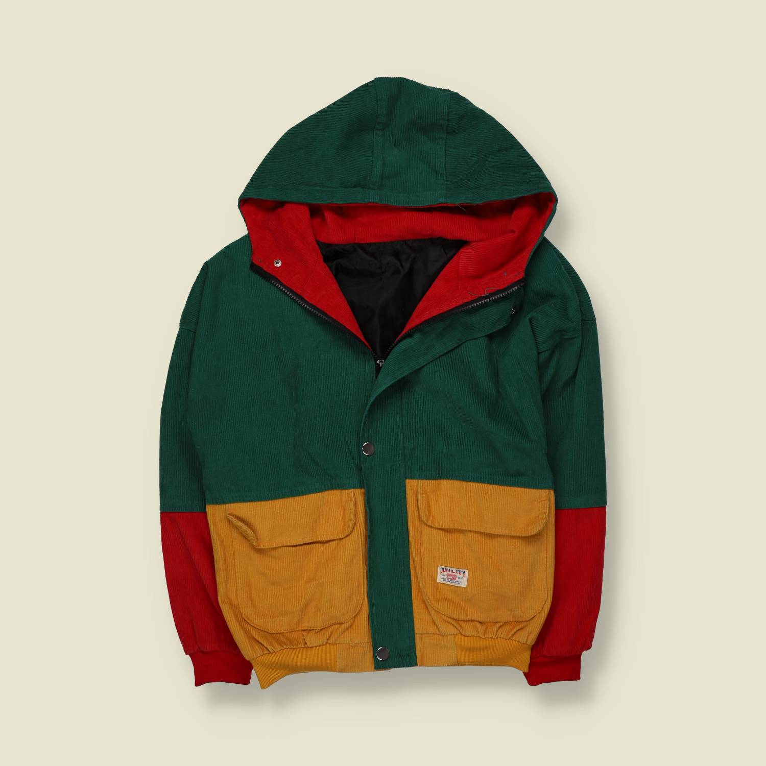 1980s | Quality | Green, Red & Yellow Colour-Block Corduroy Hooded Bomber Jacket - L