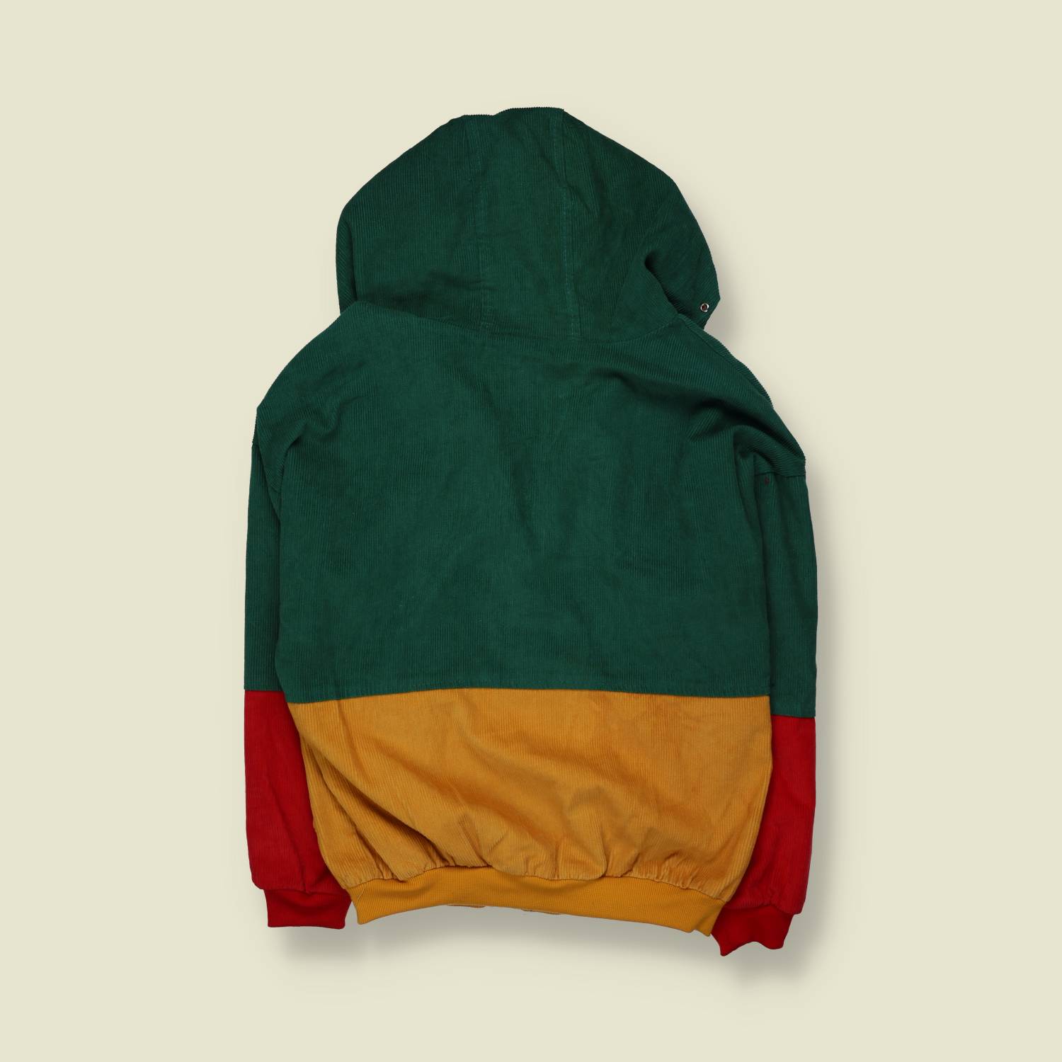 1980s | Quality | Green, Red & Yellow Colour-Block Corduroy Hooded Bomber Jacket - L