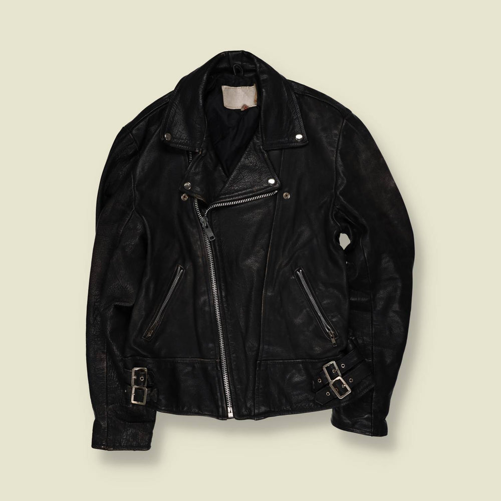 1980s | Black Leather Biker Jacket - S