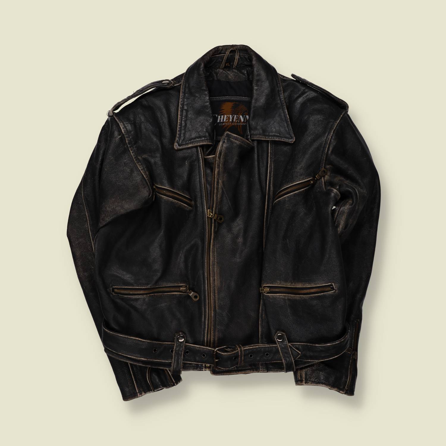 1980s | Cheyenne Leather Company | Black Distressed Leather Biker Jacket - XL