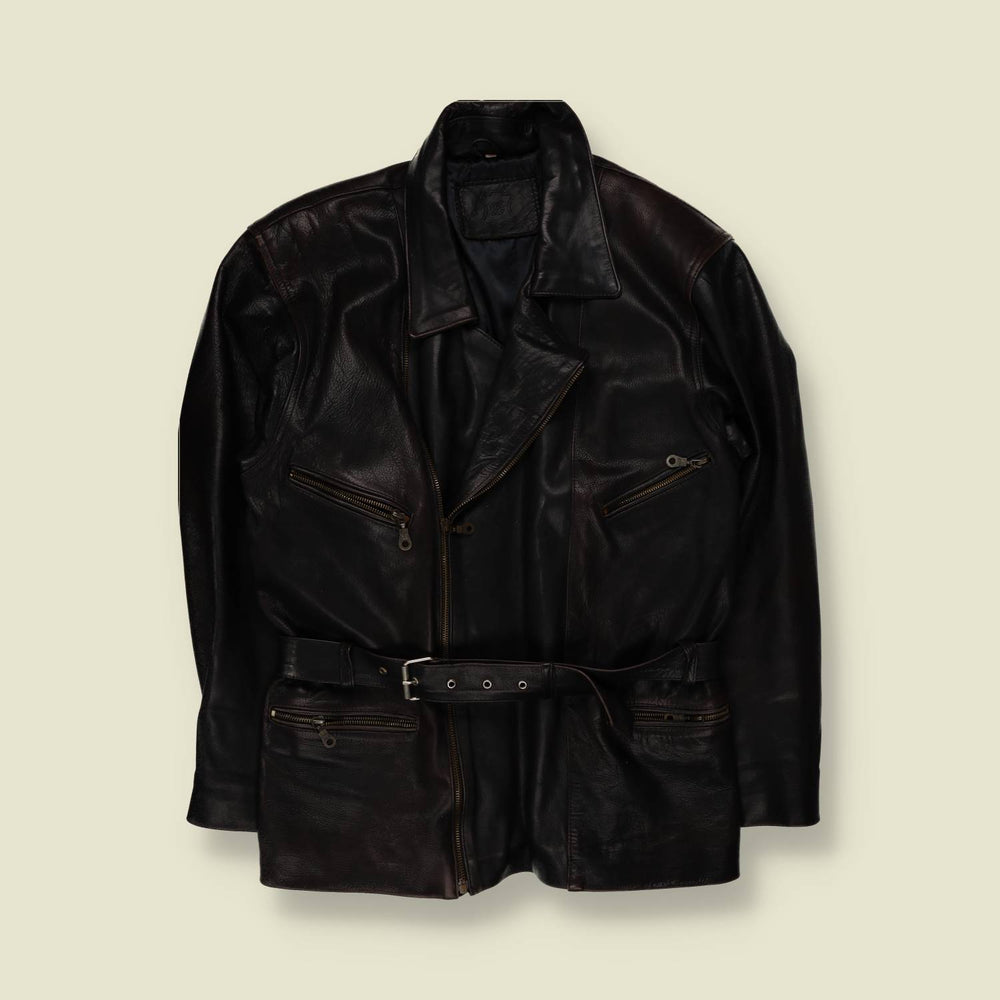 1980s | Black Leather Belted Biker Jacket - M