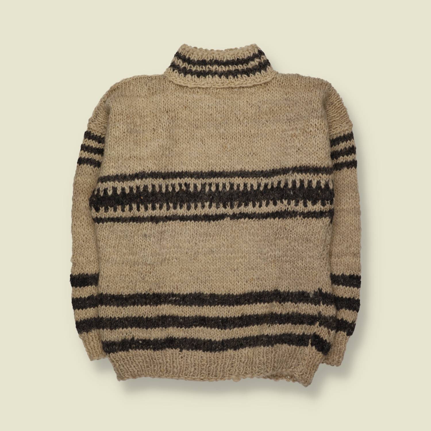 1960s | Hand Knitted | Oatmeal & Dark Brown Wool Striped Crew Neck Jumper - L