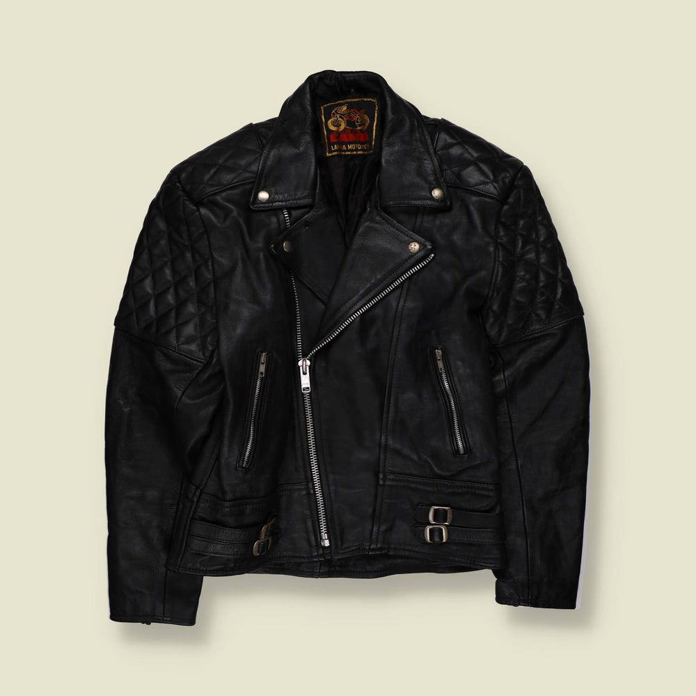1980s | Lamba | Black Leather Biker Jacket with Quilted Reinforcement - XXS