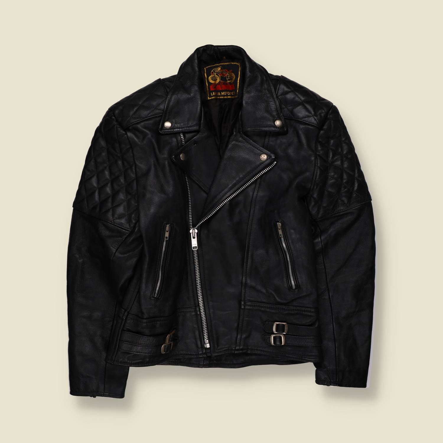 1980s | Lamba | Black Leather Biker Jacket with Quilted Reinforcement - XXS