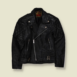 1980s | Lamba | Black Leather Biker Jacket with Quilted Reinforcement - XXS