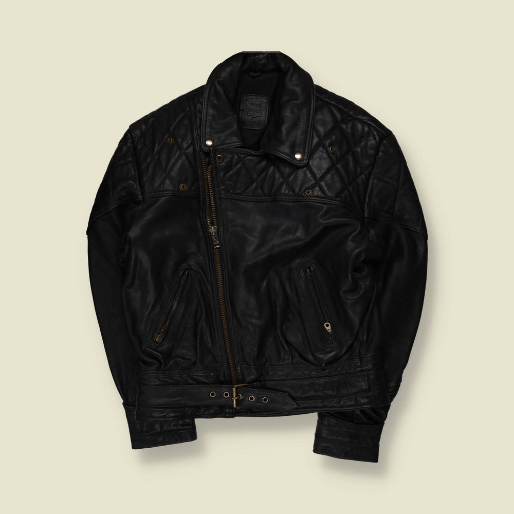 1980s | Louis | Black Leather Biker Jacket with Quilted Reinforcement - M