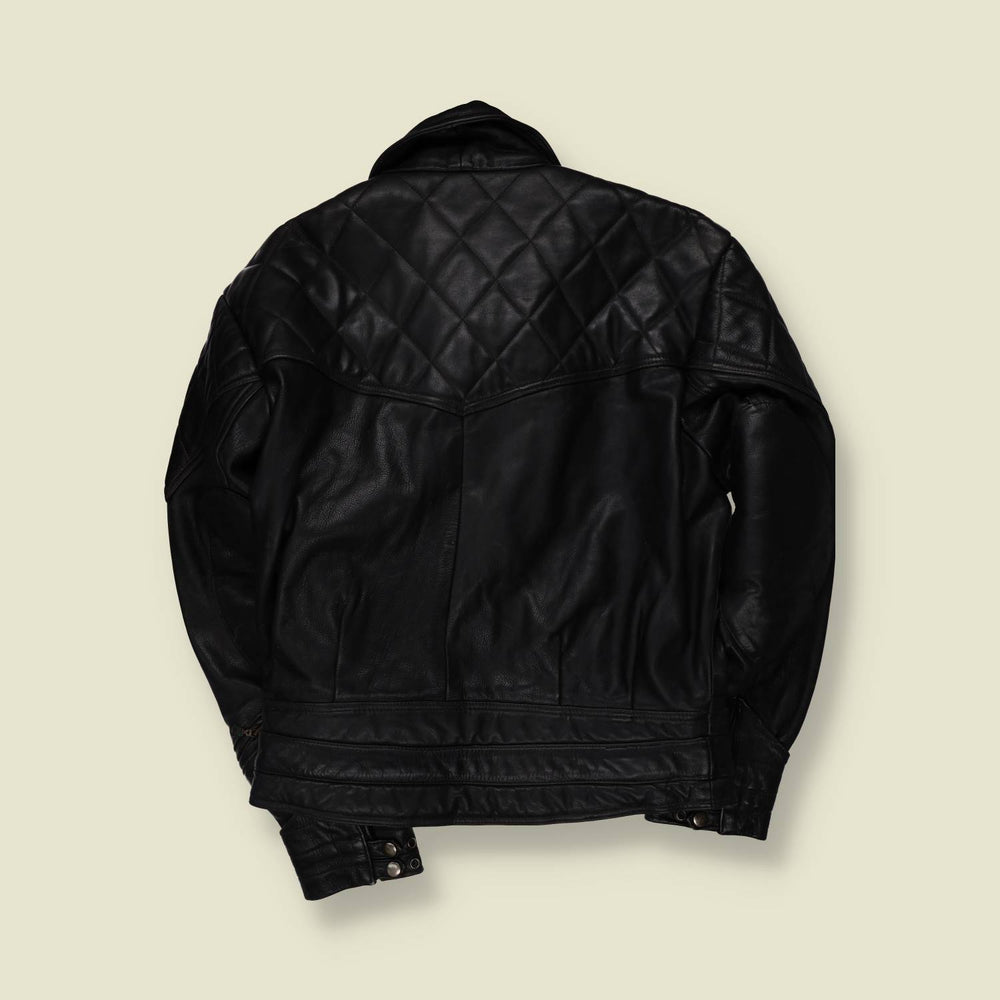 1980s | Louis | Black Leather Biker Jacket with Quilted Reinforcement - M