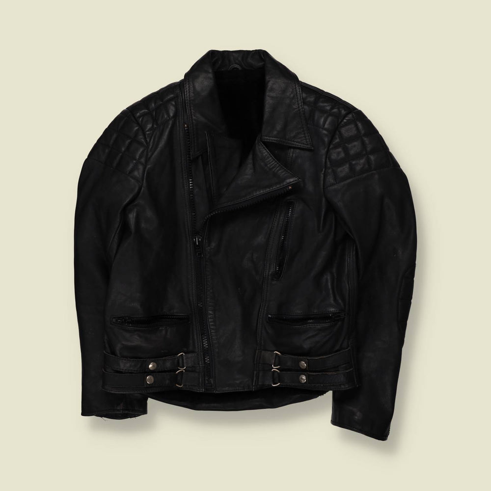 1990s | Creed | Black Leather Biker Jacket with Quilted Reinforcement - XXS