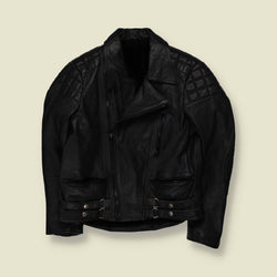 1990s | Creed | Black Leather Biker Jacket with Quilted Reinforcement - XXS