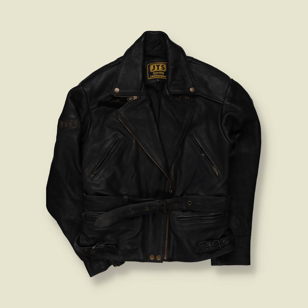 1970s-80s | JTS Sporting Leatherwear | Black Leather Biker Jacket - S