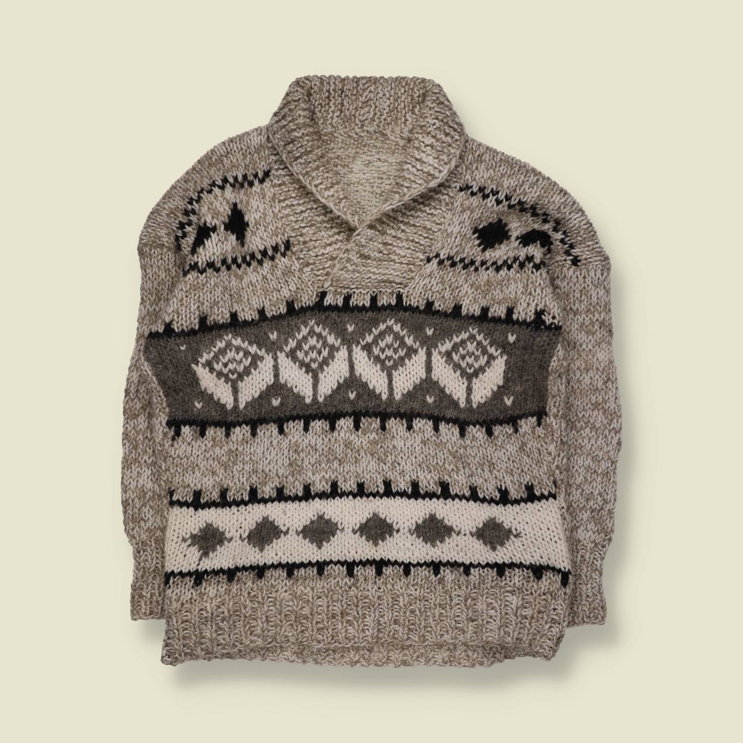 1970s | Hand Knitted | Oatmeal Wool Cowichan-Style Shawl Collar Jumper - L