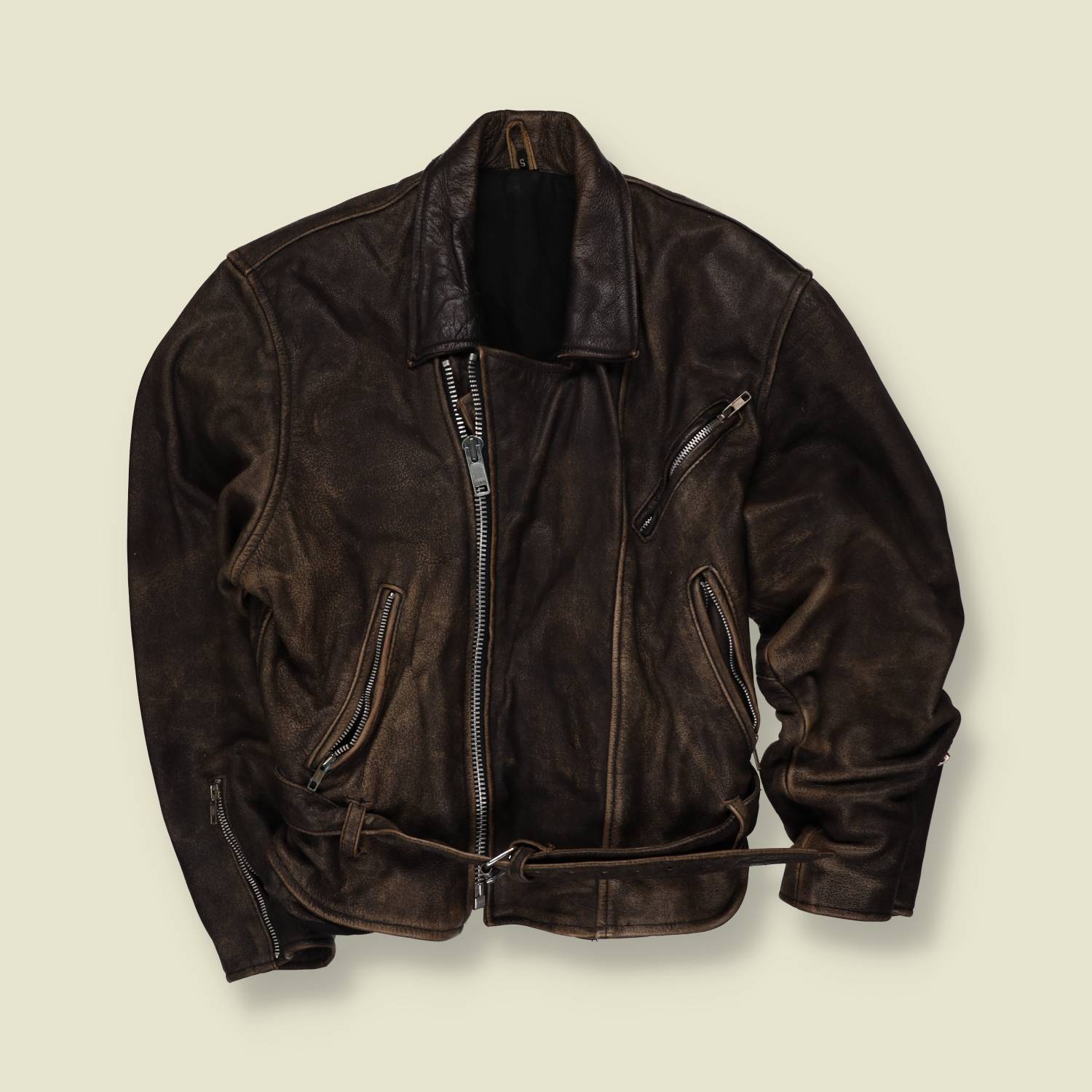 1980s | Brown Distressed Leather Biker Jacket - XXS