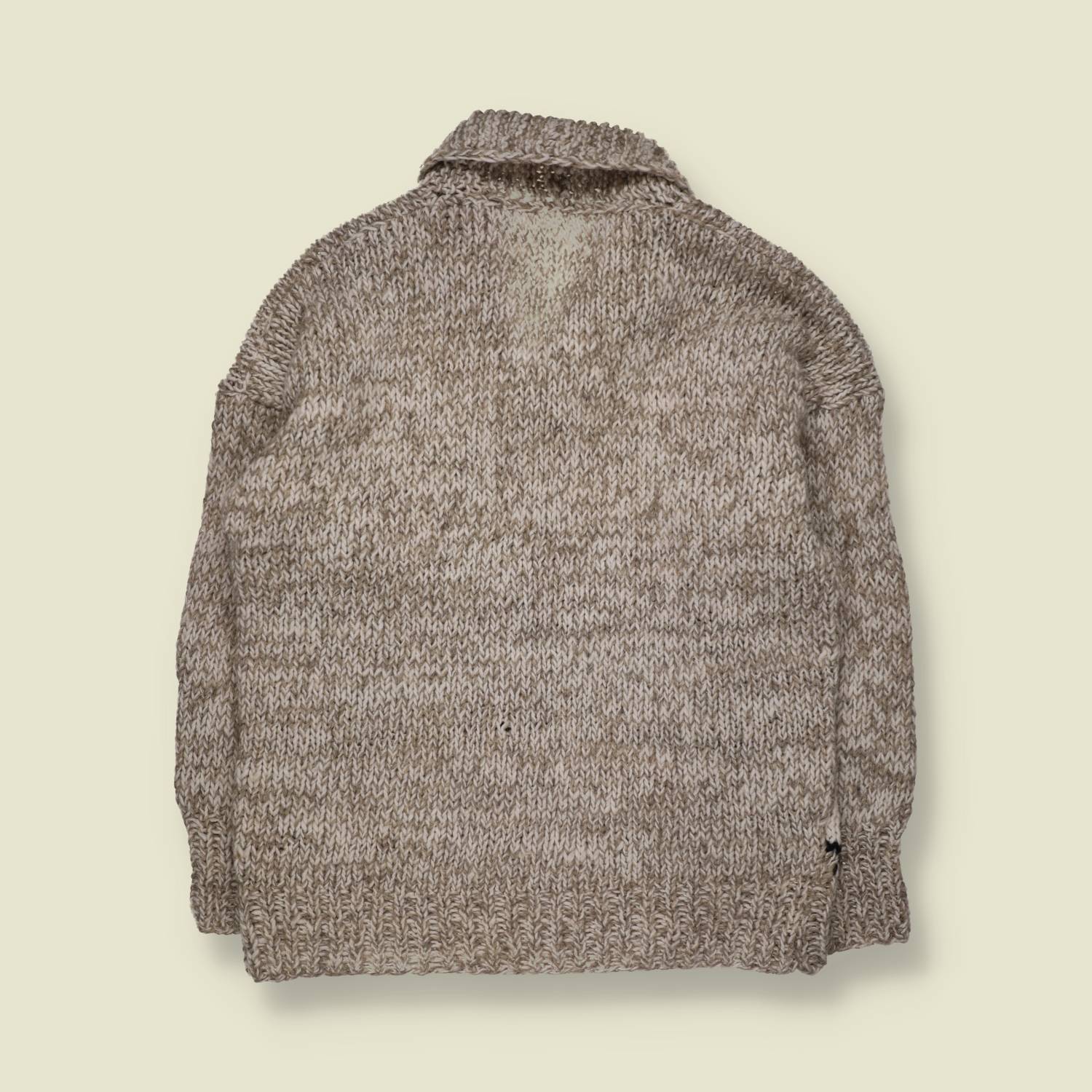 1970s | Hand Knitted | Oatmeal Wool Cowichan-Style Shawl Collar Jumper - L