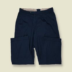 1980s | Navy Lightweight Pleated Poly-Cotton Trousers - w32