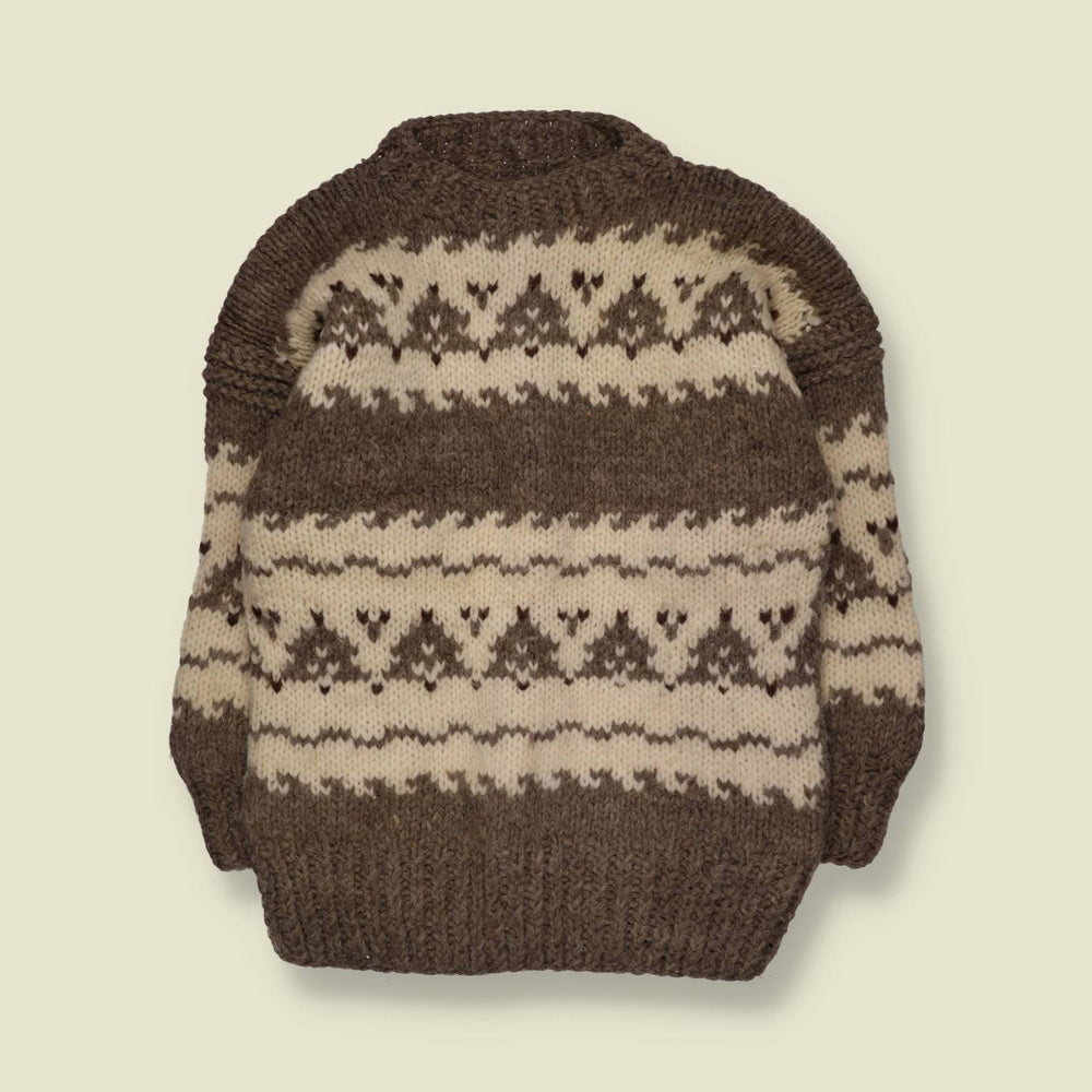 1960s-70s | Hand Knitted | Brown & Cream Wool Geometric Pattern Crew Neck Jumper - M