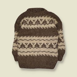 1960s-70s | Hand Knitted | Brown & Cream Wool Geometric Pattern Crew Neck Jumper - M