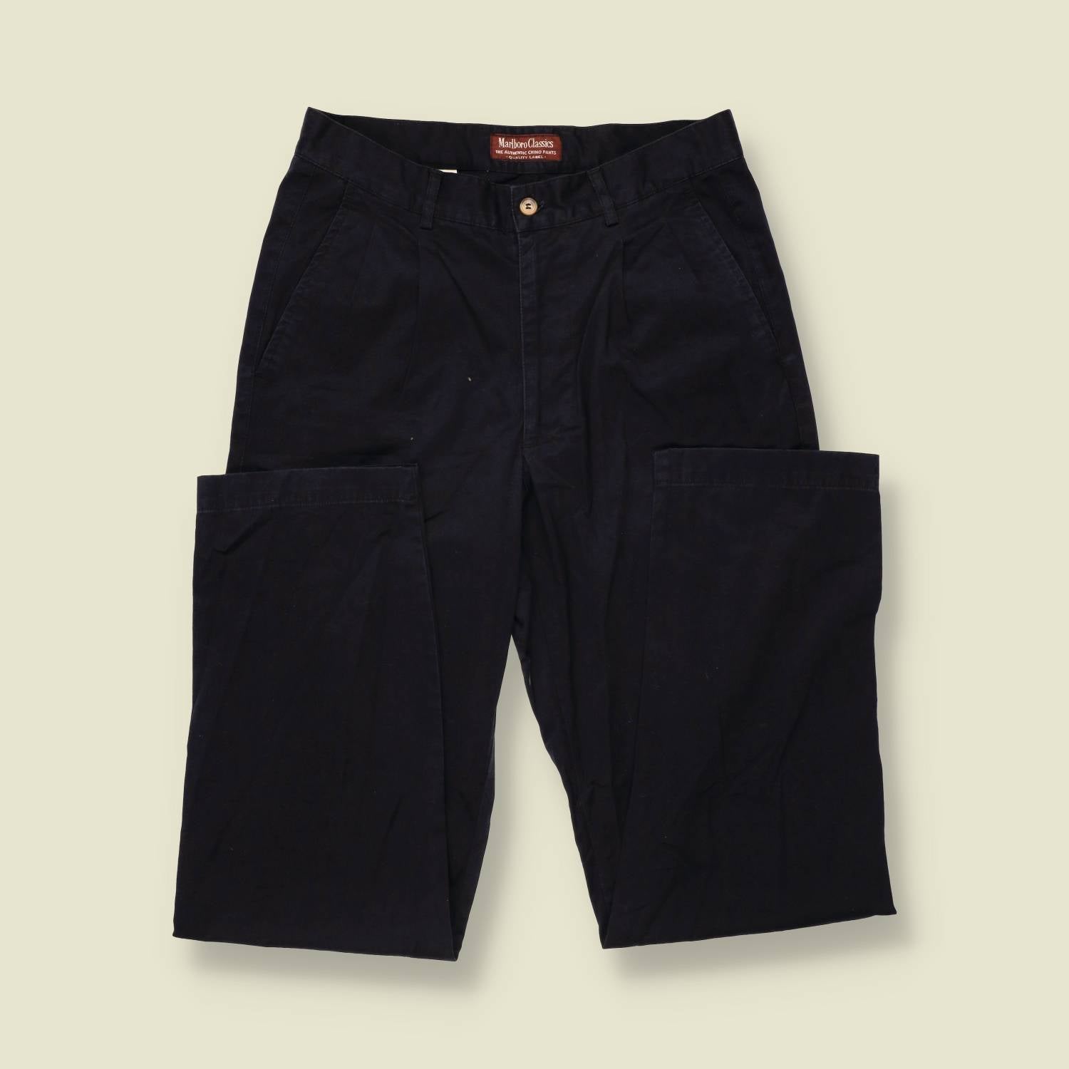 1980s | Marlboro Classics | Navy Pleated Cotton Chino Trousers - Made in USA - w32