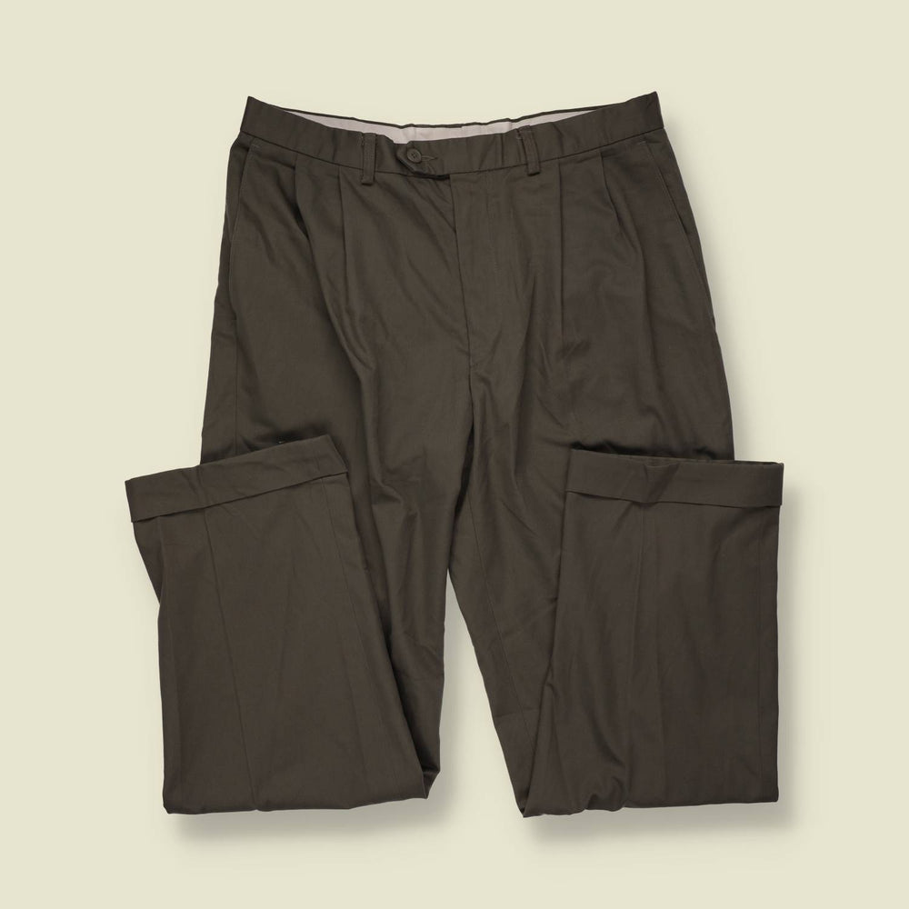 1980s | Marks & Spencer | Khaki Grey Pleated Trousers - w32