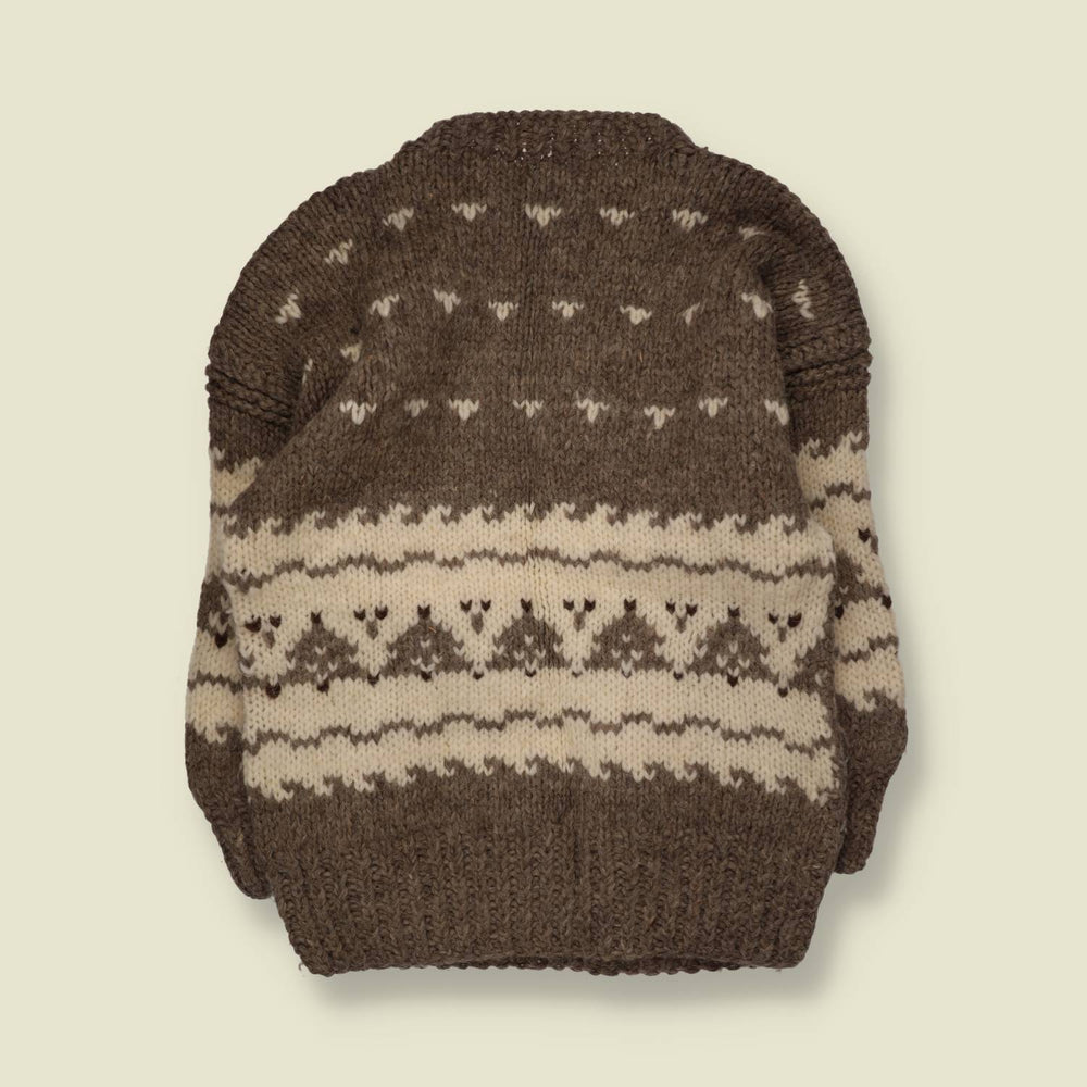 1960s-70s | Hand Knitted | Brown & Cream Wool Geometric Pattern Crew Neck Jumper - M