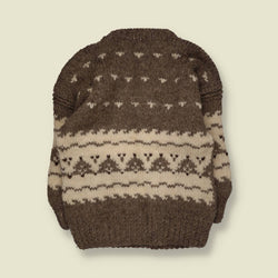 1960s-70s | Hand Knitted | Brown & Cream Wool Geometric Pattern Crew Neck Jumper - M