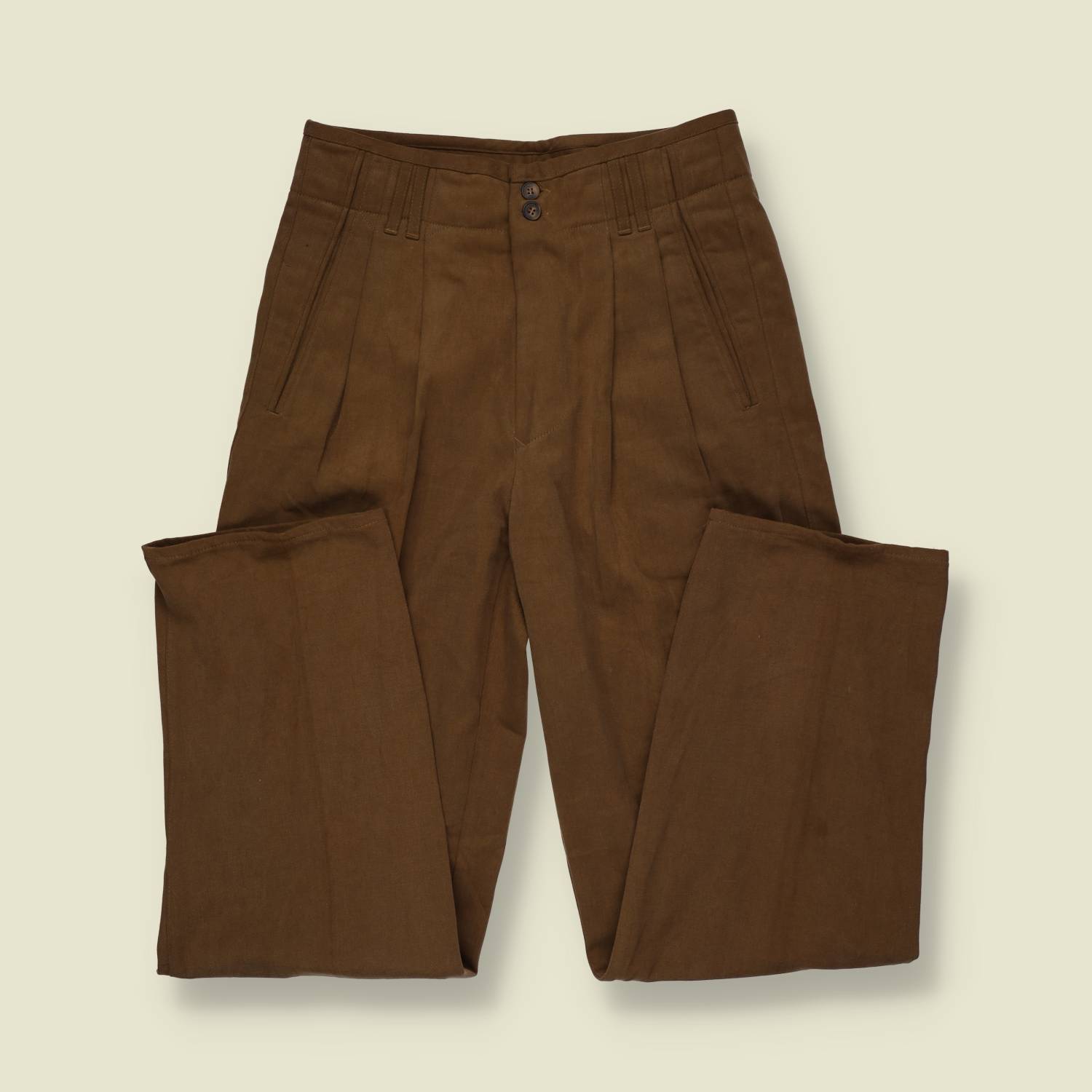 1970s | Tan Brown High-Waisted Pleated Cotton Trousers - w28